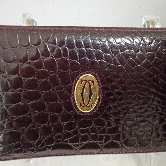 ❤️Authen CARTIER  Burgundy Patent Leather Croc Print ID Billfold Wallet 5.5 x3.5 - Picture 2 of 6